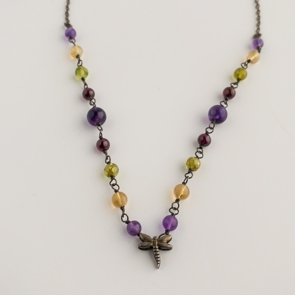 Sterling Silver Necklace Multicoloured Gemstones Dragonfly Charm Pendant Vintage - Picture 1 of 12